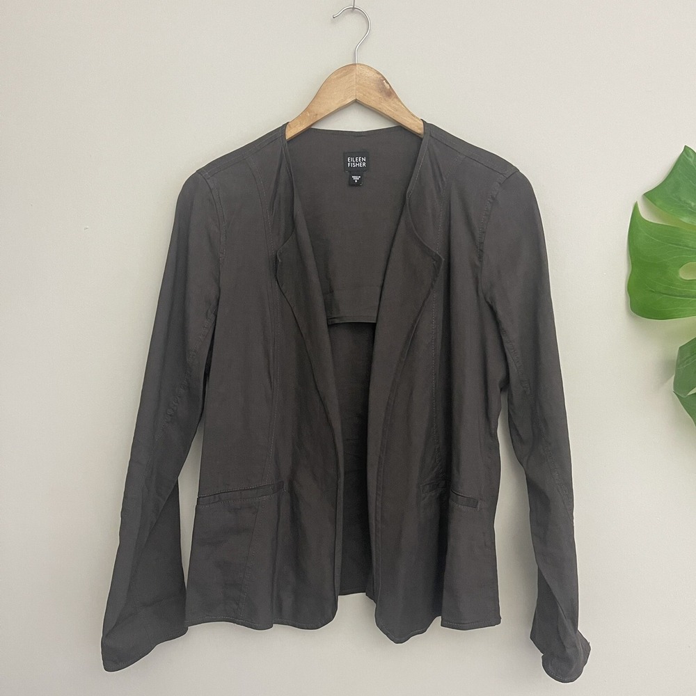 Eileen Fisher Open Front Blazer Women's Brown Linen Blend Jacket Pockets small